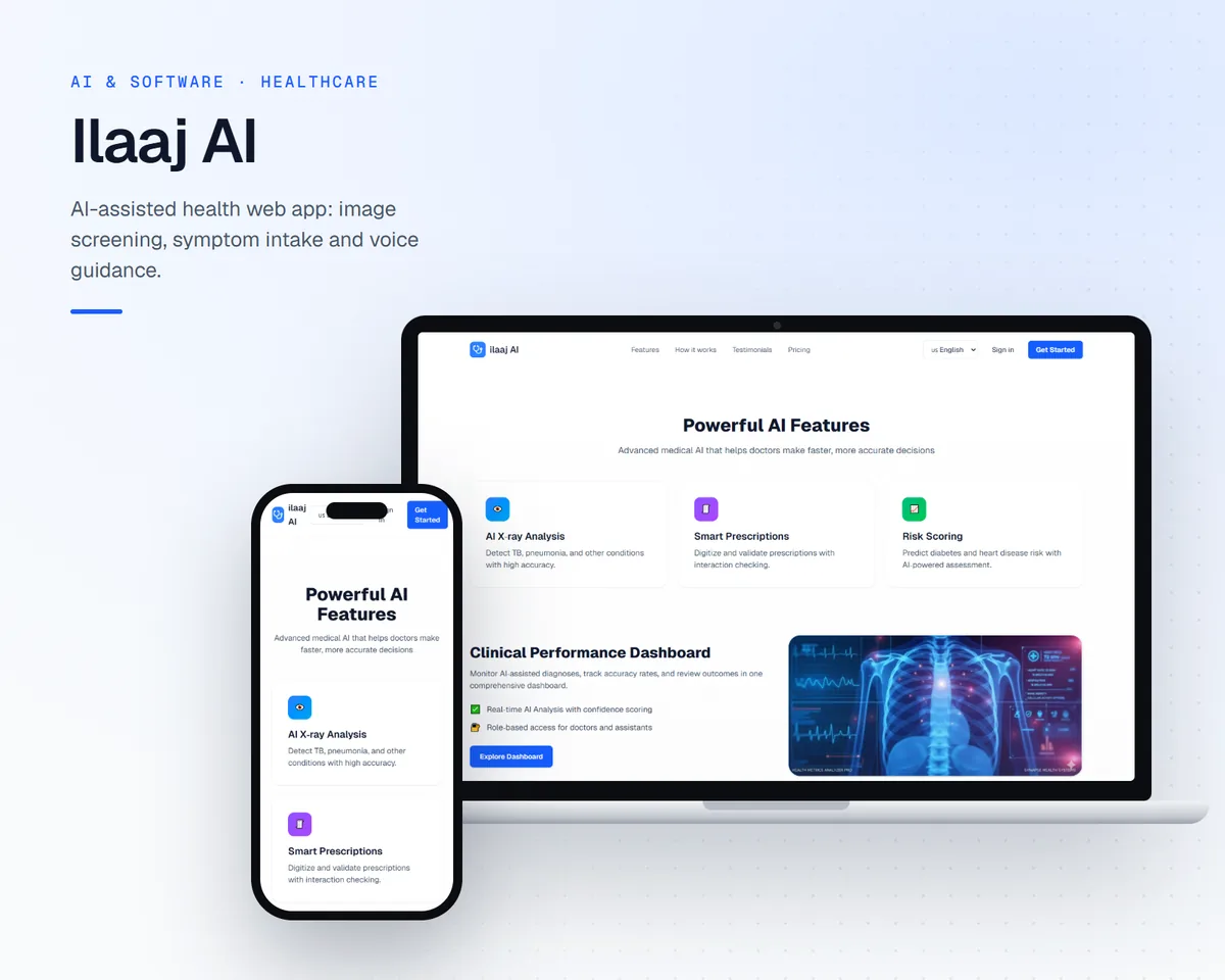 Ilaaj AI features page shown on a laptop and a phone